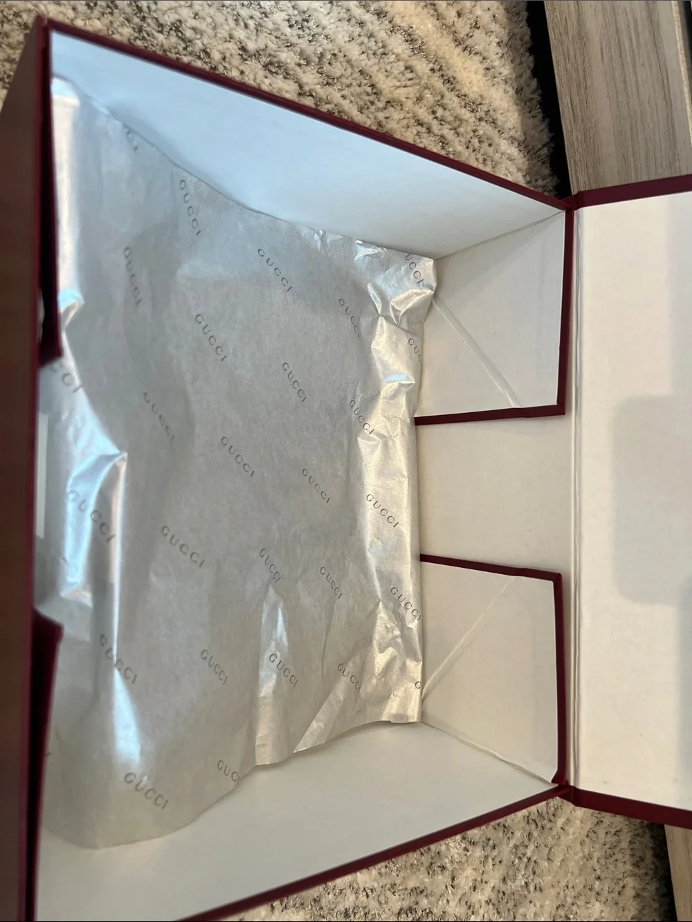 New Gucci Beautiful Burgundy Box with Silver Branded Tissue Sheet